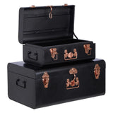 Set of two black metal storage trunks with copper handles and latches, one open, one closed