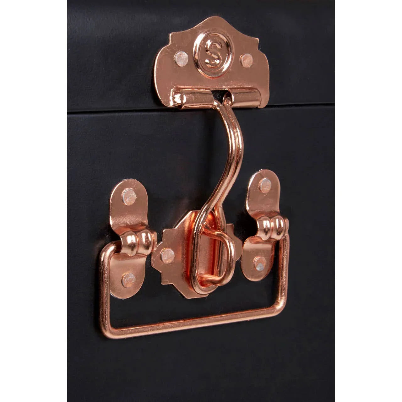 Close-up of rose gold metal latch on black storage trunk