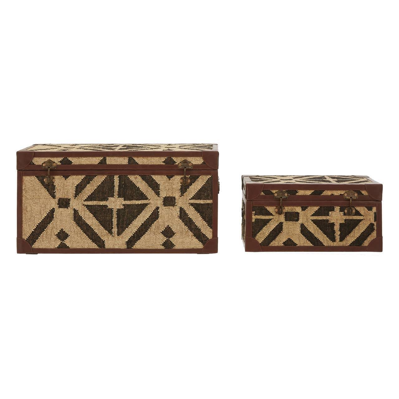 Set of two woven storage trunks with geometric patterns and brown leather corners