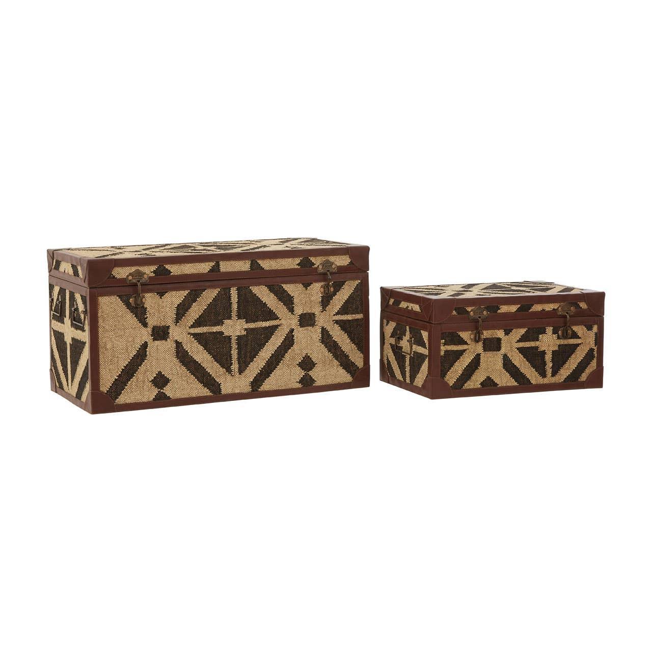 Set of two woven storage trunks with geometric pattern and brown faux leather trim