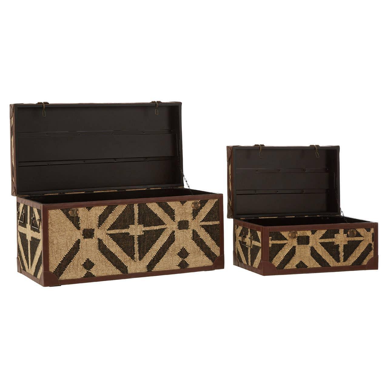 Set of two patterned storage chests with open lids, brown wood and woven geometric front design