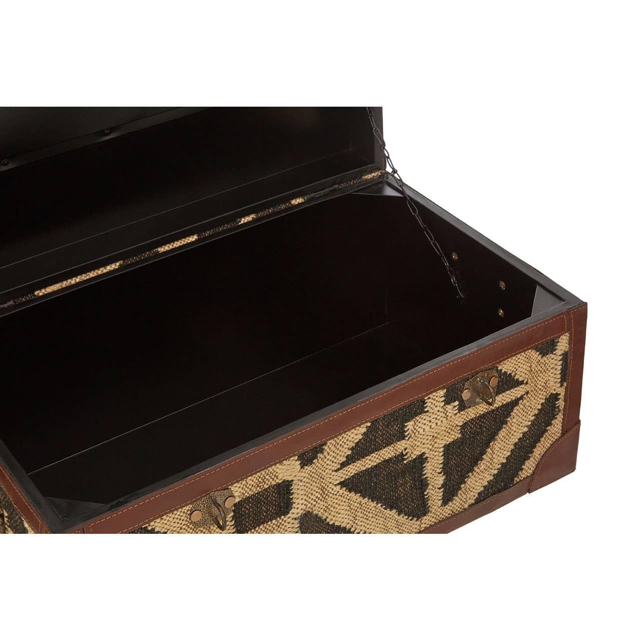 Open storage trunk with geometric woven pattern and leather trim