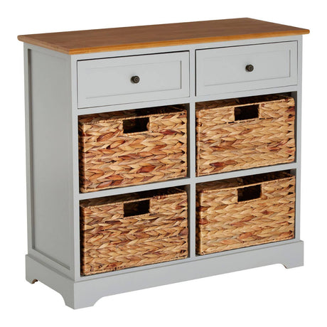 A light gray cabinet featuring two top drawers with round black knobs and four woven baskets below, all set on a sturdy base with a natural wood top. The baskets have cut-out handles for easy access