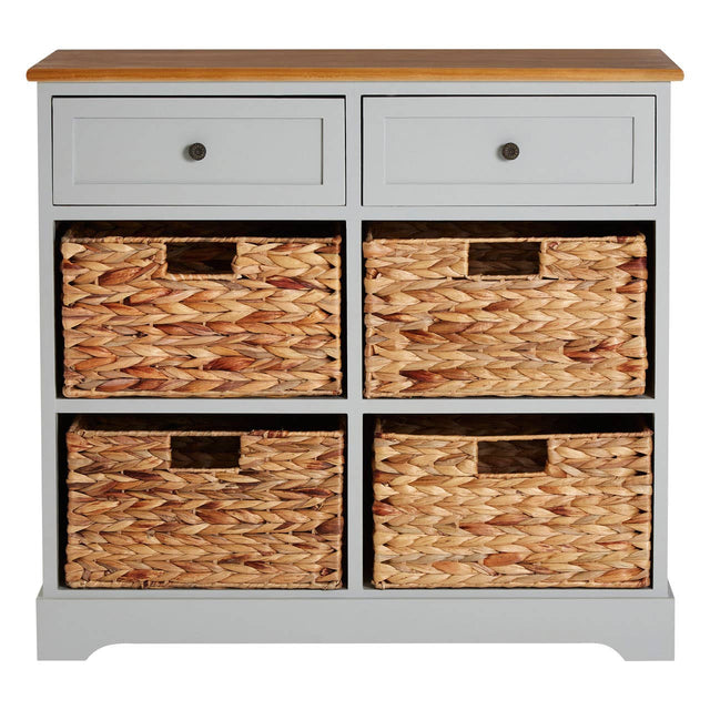 A light gray cabinet featuring two upper drawers with round black handles and four lower woven baskets, each with a rectangular label holder, all set on a sturdy base with a natural wood top