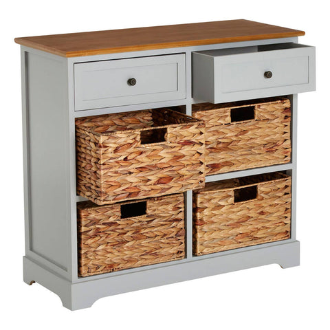 A stylish cabinet featuring a light gray finish with a natural wood top, two upper drawers, and four woven baskets below. The drawers and baskets have cut-out handles for easy access, and the cabinet stands on slightly curved legs, adding a touch of elegance to any room