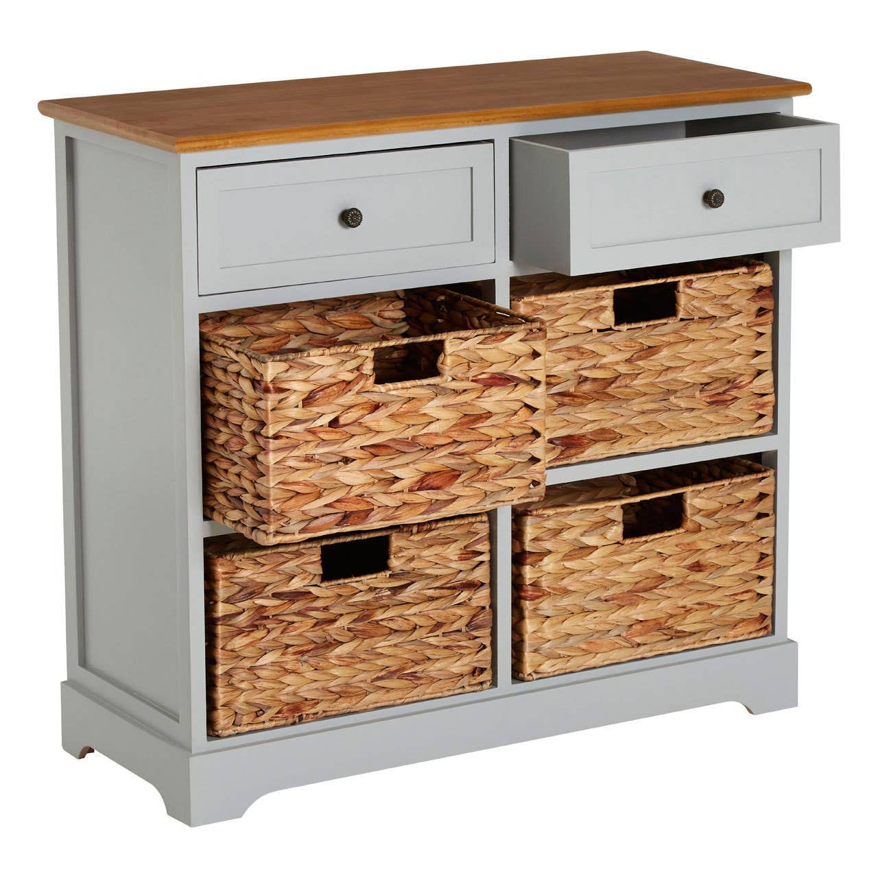 A stylish cabinet featuring a light gray finish with a natural wood top, two upper drawers, and four woven baskets below. The drawers and baskets have cut-out handles for easy access, and the cabinet stands on slightly curved legs, adding a touch of elegance to any room
