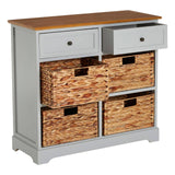 A stylish cabinet featuring a light gray finish with a natural wood top, two upper drawers, and four woven baskets below. The drawers and baskets have cut-out handles for easy access, and the cabinet stands on slightly curved legs, adding a touch of elegance to any room