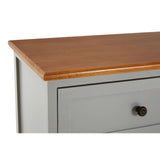 The top surface of a cabinet featuring a smooth, warm-toned wooden finish, with a light gray body and a single drawer visible just below. The drawer has a round black knob, and the overall design is simple and modern