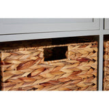 Close-up view of a woven basket with a cut-out handle, part of the Vermont Two Drawers Four Baskets Cabinet, showcasing the natural texture and design of the basket. The cabinet features a light gray finish with visible drawer fronts above the baskets