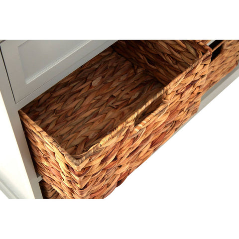Close-up view of an open drawer from the Vermont Two Drawers Four Baskets Cabinet, showcasing a woven basket with a natural texture and a handle for easy access. The cabinet features a light-colored finish, complementing the warm tones of the basket