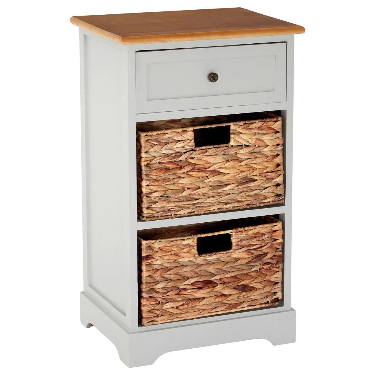 A tall cabinet featuring a light gray body, a natural wood top, one drawer with a round knob, and two woven baskets with black handles at the bottom. The cabinet has a simple, modern design suitable for home decor