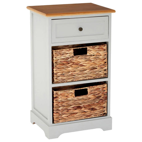 A tall cabinet featuring a light gray body, a natural wood top, one drawer with a round knob, and two woven baskets with black handles at the bottom. The cabinet has a simple, modern design suitable for home decor