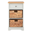 A tall cabinet featuring a light gray body with a natural wood top, one drawer at the top with a round knob, and two woven baskets below, each with a rectangular cutout handle. The cabinet has a simple, modern design suitable for home decor