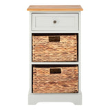 A tall cabinet featuring a light gray body with a natural wood top, one drawer at the top with a round knob, and two woven baskets below, each with a rectangular cutout handle. The cabinet has a simple, modern design suitable for home decor