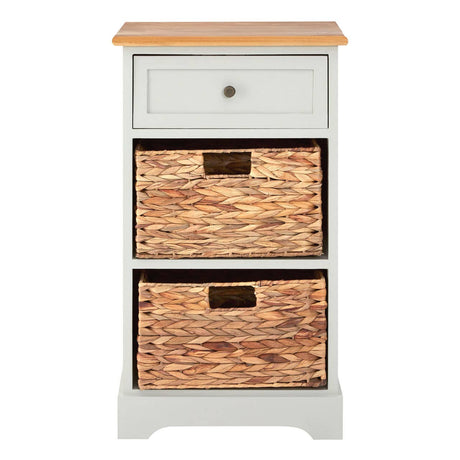 A tall cabinet featuring a light gray body with a natural wood top, one drawer at the top with a round knob, and two woven baskets below, each with a rectangular cutout handle. The cabinet has a simple, modern design suitable for home decor