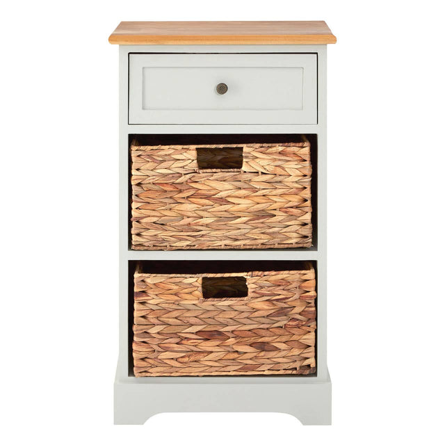 A tall cabinet featuring a light gray body with a natural wood top, one drawer at the top with a round knob, and two woven baskets below, each with a rectangular cutout handle. The cabinet has a simple, modern design suitable for home decor