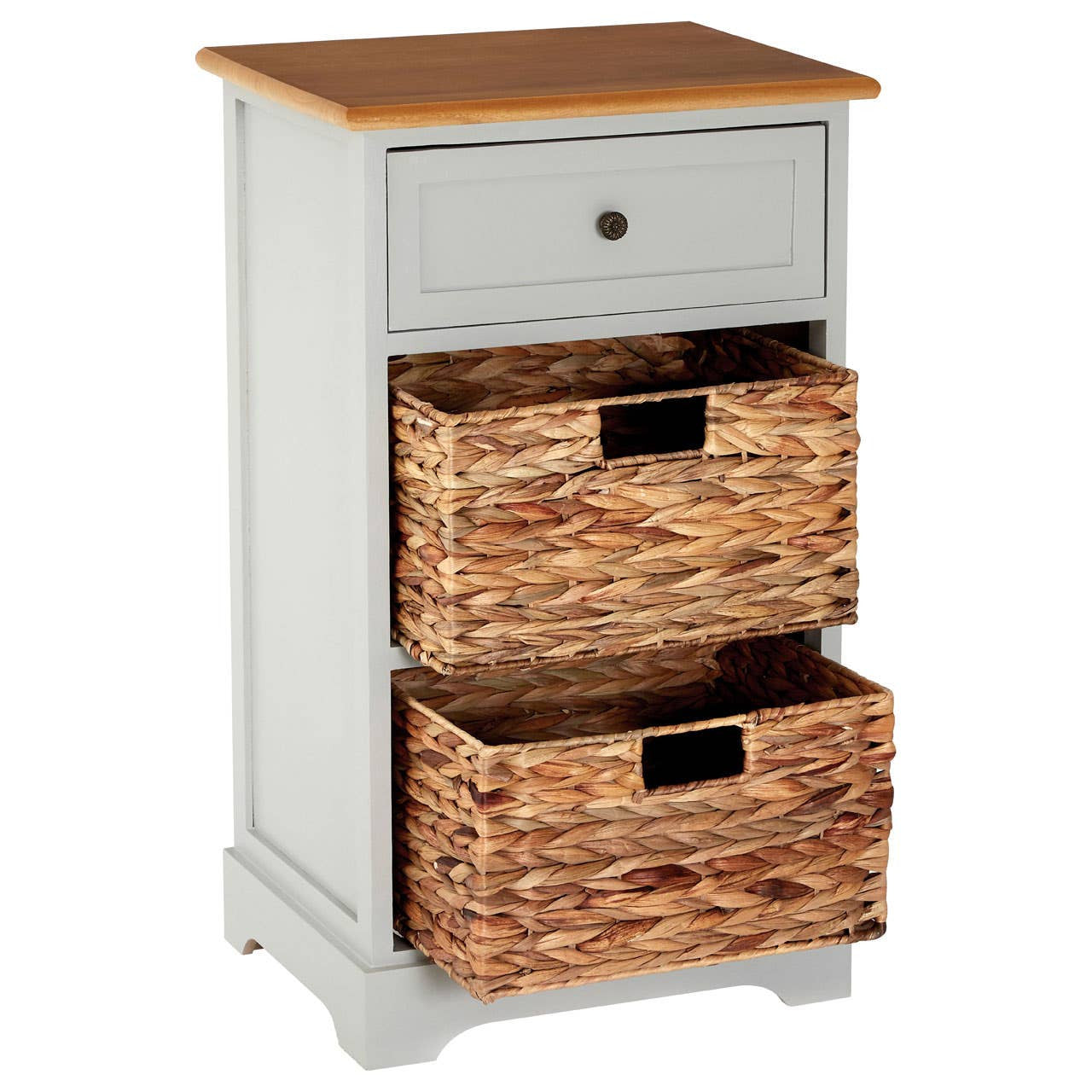 A tall cabinet featuring a natural wood top, one drawer with a round knob, and two woven baskets below, all set against a light gray body. The baskets have black handles for easy access