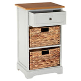 Vermont One Drawer Two Baskets Cabinet featuring a light gray body, a natural wood top, a single drawer with a round knob, and two woven baskets with cut-out handles. The cabinet has a sturdy base and a simple, modern design suitable for various home decor styles