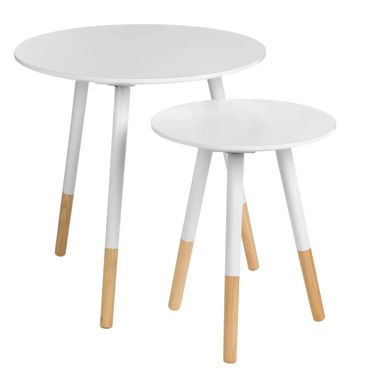 Set of two white round nesting tables with wooden dipped legs