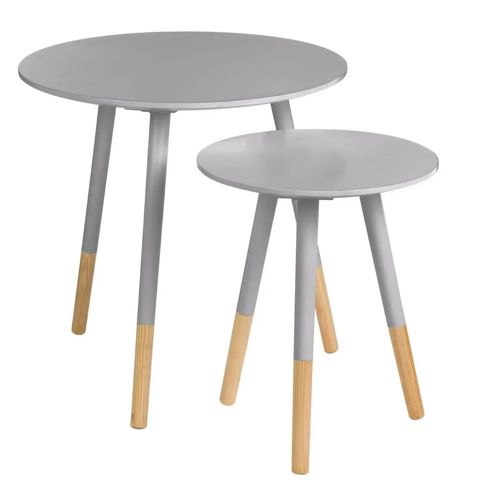 Set of two round grey nesting tables with wooden legs, modern living room furniture