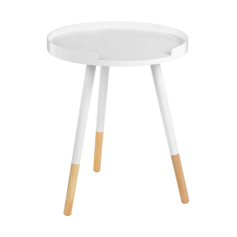 Round side table featuring a white top and three legs, two of which are white and one is natural wood, creating a modern and minimalist design suitable for home decor