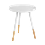 Round side table featuring a white top and three legs, two of which are white and one is natural wood, creating a modern and minimalist design suitable for home decor