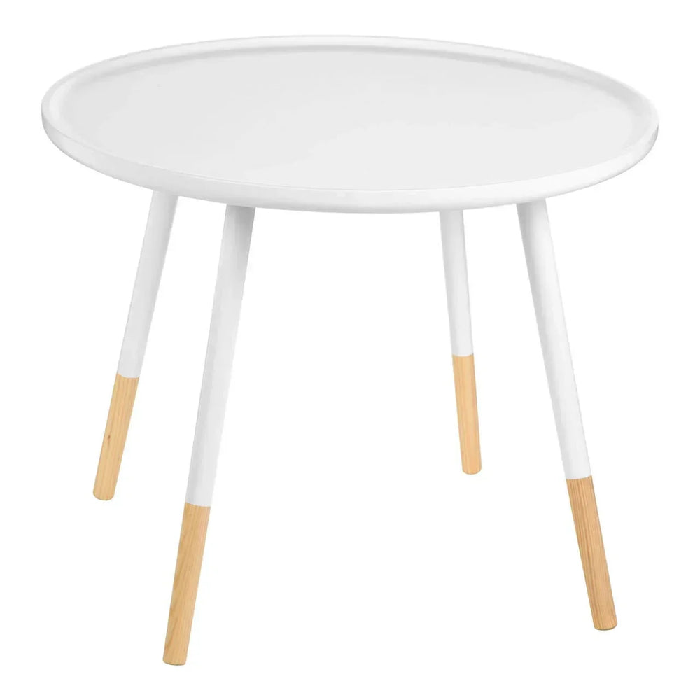 Round white side table with four tapered legs and natural wood accents