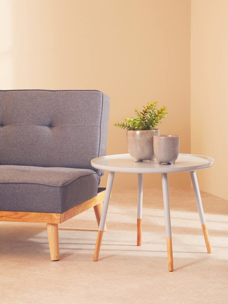 Grey fabric sofa with wooden legs next to a round side table holding potted plants