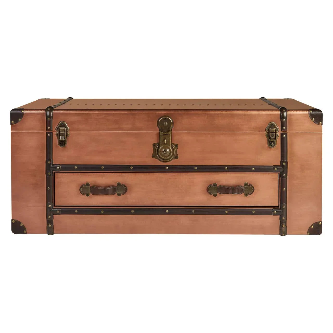 Copper finish storage trunk with metal latches, handles, and black trim detailing