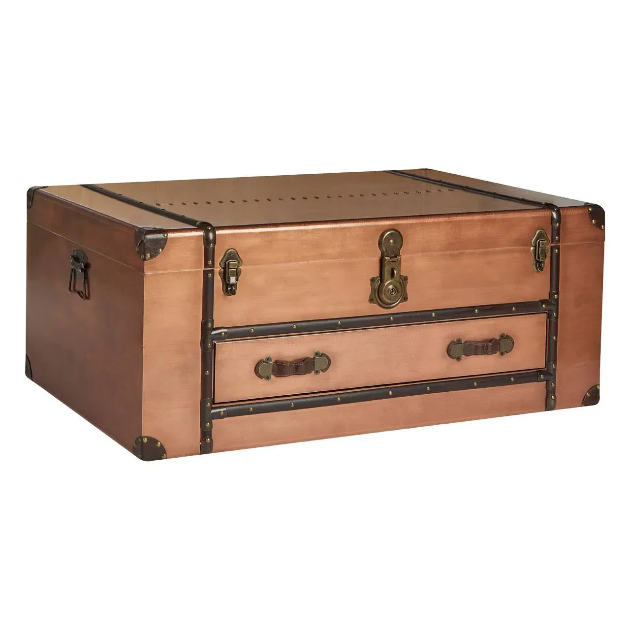 Copper finish storage trunk with brass hardware and front drawer, vintage style furniture