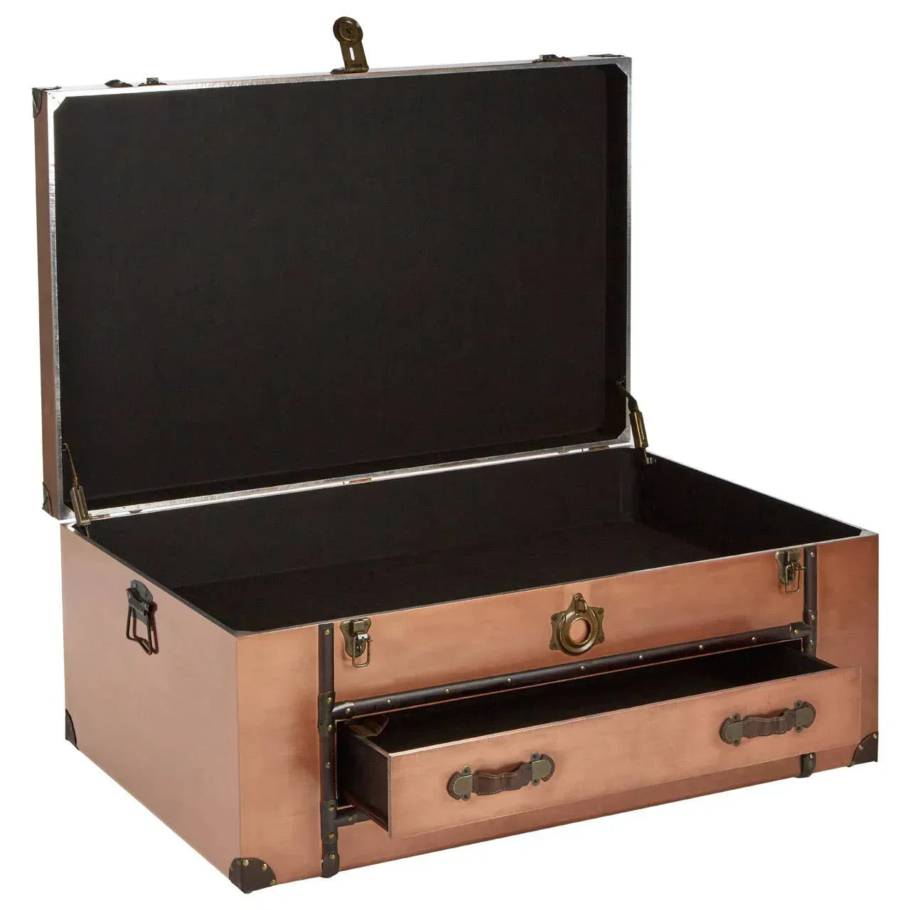Copper storage trunk with lift-up lid, metal handles, and open front drawer