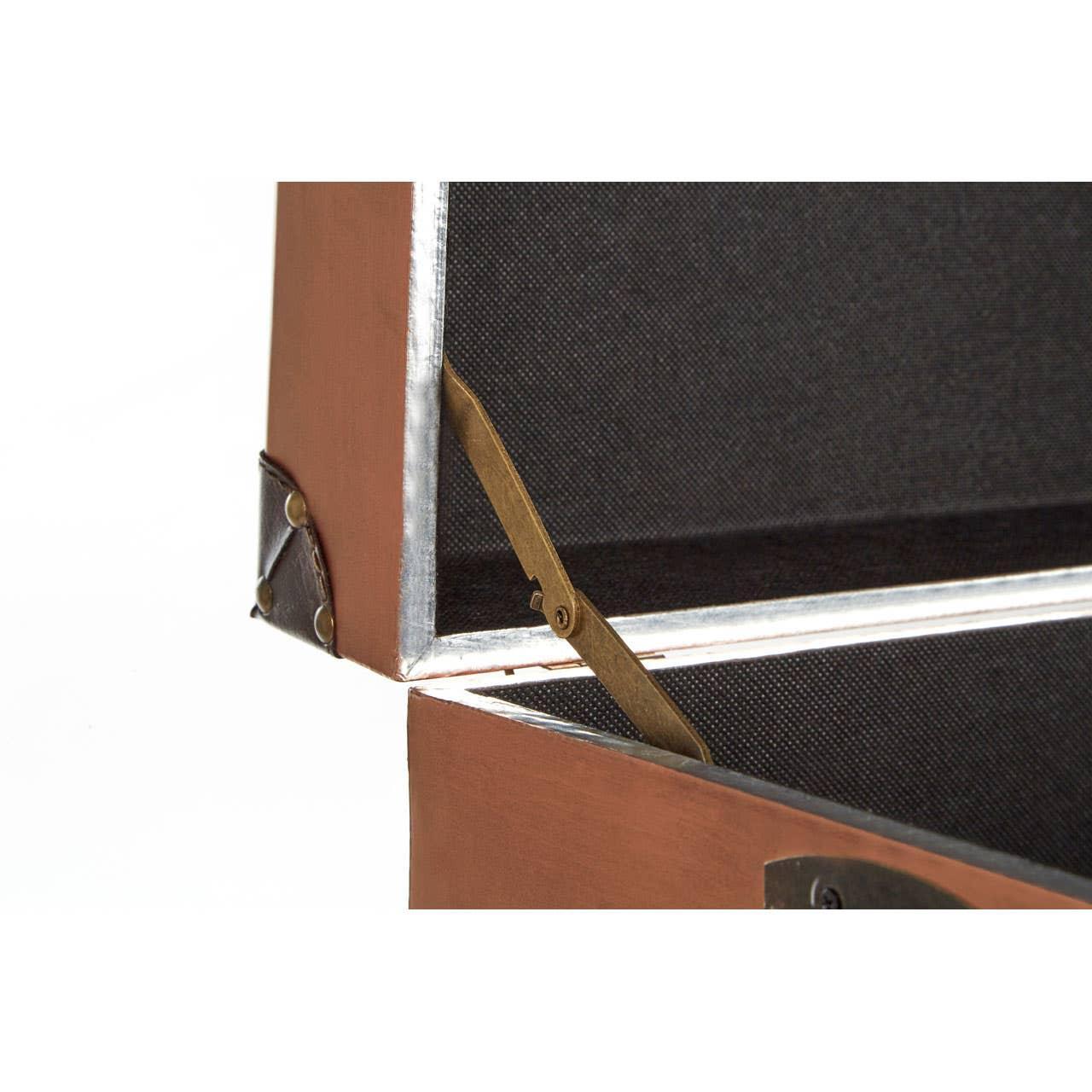 Close-up of storage trunk hinge with brown leather and metal corner detail