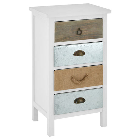Weymouth 4 Drawers Unit featuring a white frame with four drawers in varying colors, including a silver, gold, and two wooden finishes, each with distinct handles. The unit stands on four legs and has a flat top surface