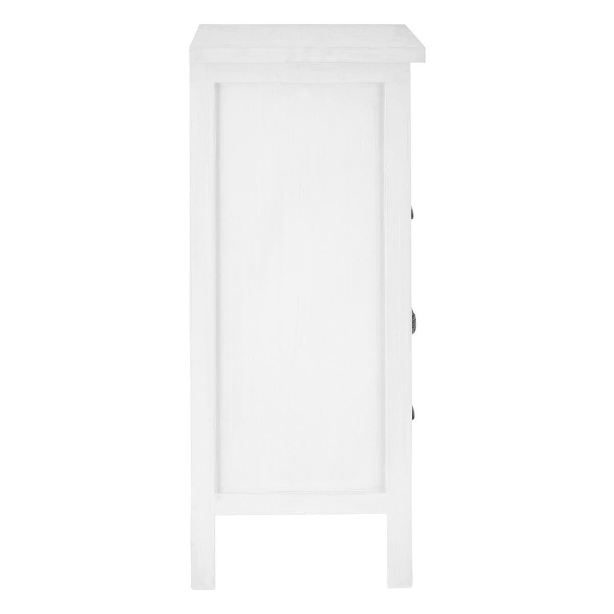A tall, white furniture unit with four drawers, featuring a smooth surface and simple design. The drawers are equipped with round knobs and the unit stands on four legs, creating a clean and modern look suitable for home decor