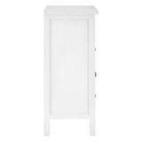 A tall, white furniture unit with four drawers, featuring a smooth surface and simple design. The drawers are equipped with round knobs and the unit stands on four legs, creating a clean and modern look suitable for home decor