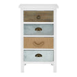 Weymouth 4 Drawers Unit featuring a white frame with four drawers in varying shades of brown and blue, each adorned with decorative handles. The unit has a simple, modern design suitable for home decor