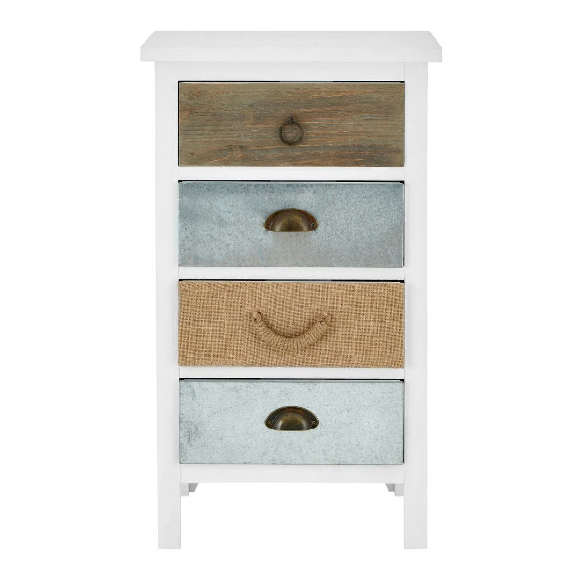 Weymouth 4 Drawers Unit featuring a white frame with four drawers in varying shades of brown and blue, each adorned with decorative handles. The unit has a simple, modern design suitable for home decor