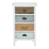 Weymouth 4 Drawers Unit featuring a white frame with four drawers in varying shades of brown and blue, each adorned with decorative handles. The unit has a simple, modern design suitable for home decor