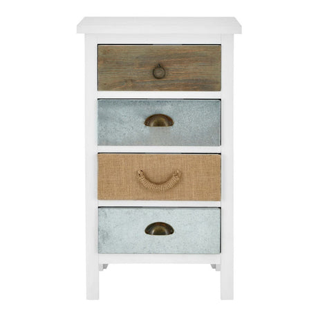 Weymouth 4 Drawers Unit featuring a white frame with four drawers in varying shades of brown and blue, each adorned with decorative handles. The unit has a simple, modern design suitable for home decor