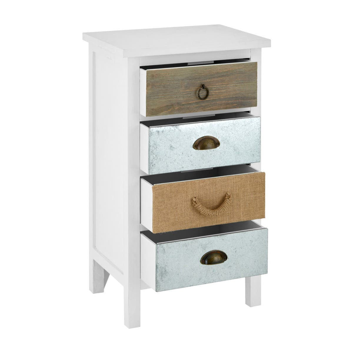 Weymouth 4 Drawers Unit featuring a white frame with four drawers in varying colors: the top drawer is a muted brown, the second is a light blue, the third is a soft green, and the bottom drawer is a warm tan. Each drawer has a decorative handle, and the unit stands on four legs