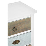 Top corner of a furniture unit featuring four drawers, with a white top and a combination of wood and metal finishes on the drawer fronts. The first drawer has a natural wood finish, the second is a distressed blue metal, and the third has a light wood finish, all with decorative round handles