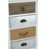 Four-drawer unit featuring a mix of wood and metal finishes, with the top drawer in a natural wood tone, the second drawer in a light brown, and the bottom two drawers in a metallic silver with different handle designs. The unit has a white frame, providing a modern and stylish look