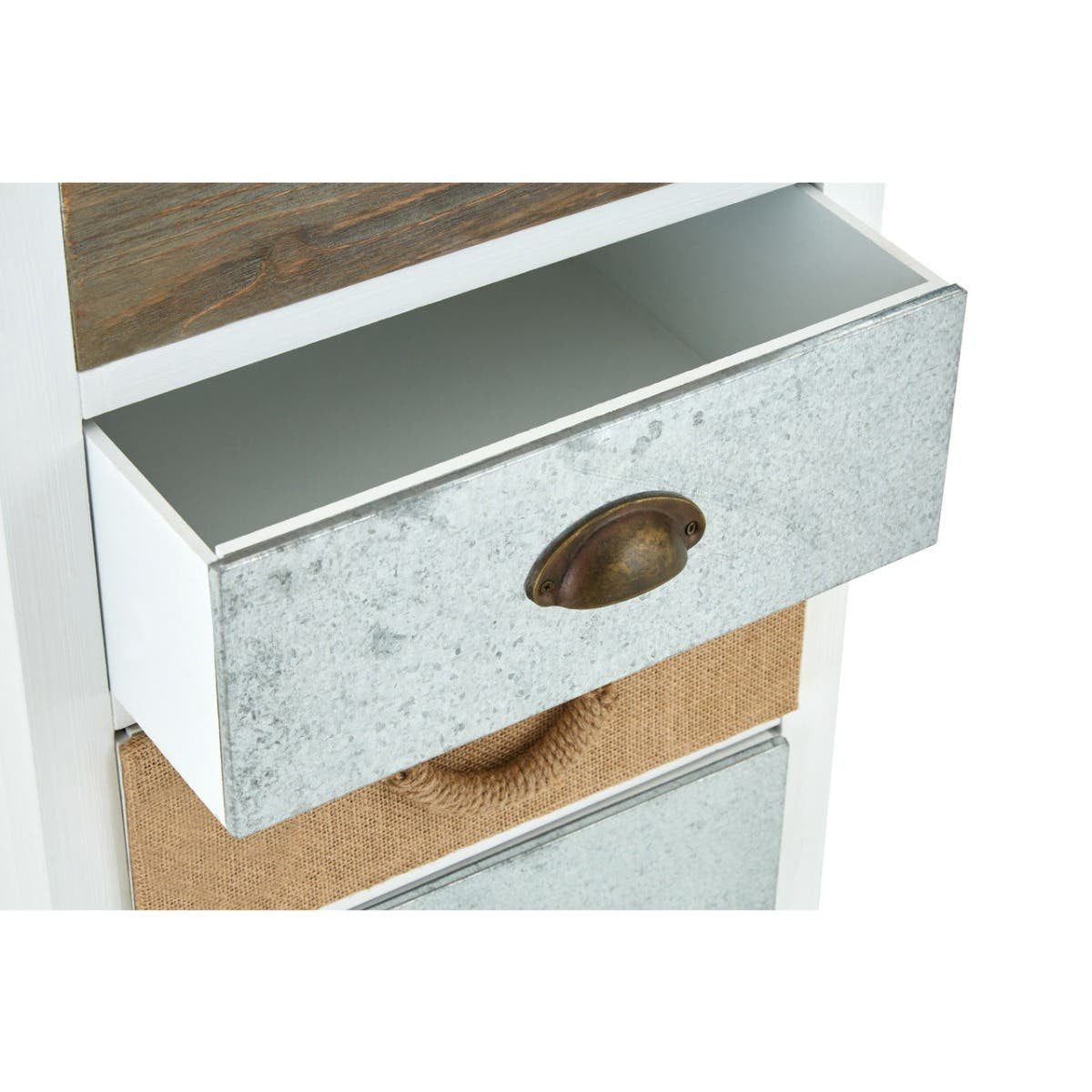 A close-up view of a drawer from the Weymouth 4 Drawers Unit, featuring a metallic silver finish with a rounded handle, set against a backdrop of natural wood. The drawer is partially open, revealing a smooth interior
