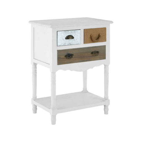 Weymouth 3 Drawer Unit with a white finish featuring three drawers in varying colors, including a light blue, natural wood, and dark brown, with decorative handles. The unit has a lower shelf for additional storage or display