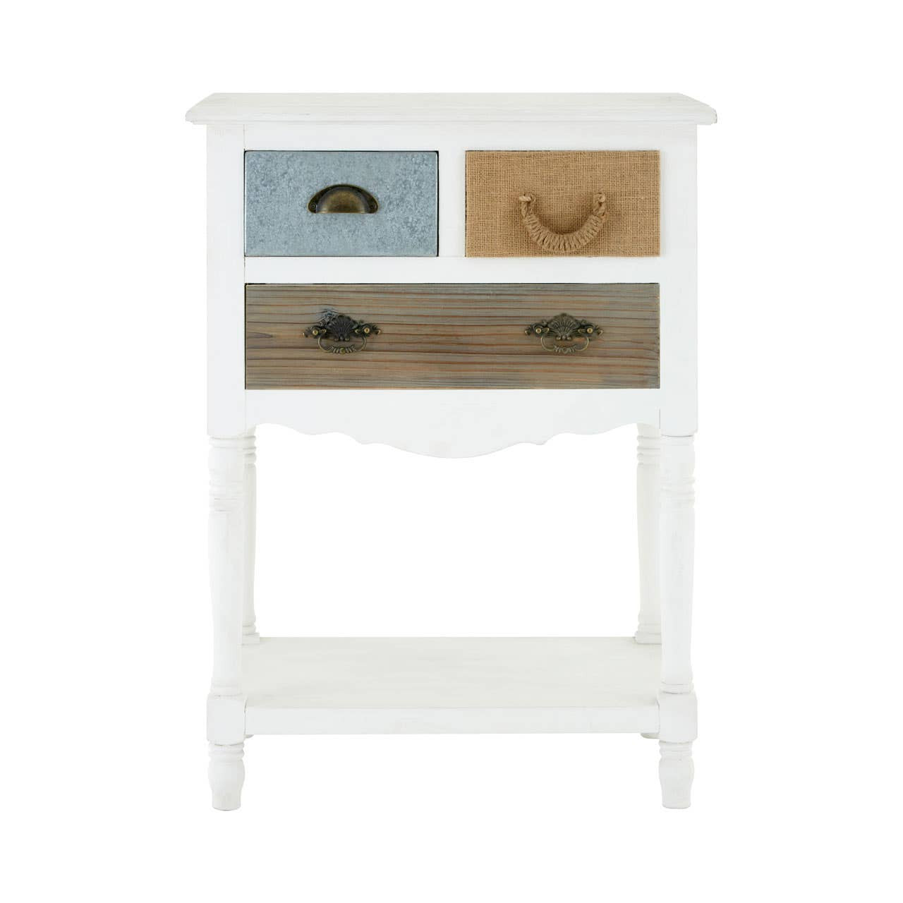 Weymouth 3 Drawer Unit with Shelf featuring a white frame, three drawers in varying colors with decorative handles, and an open shelf at the bottom for additional storage or display