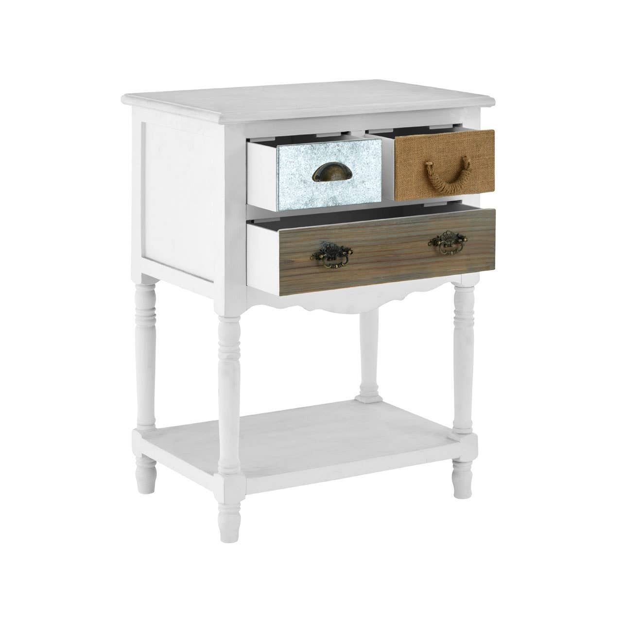 Weymouth 3 Drawer Unit with a shelf, featuring a white frame, three drawers in varying colors,two brown and one light blue,each with decorative handles, and a lower shelf for additional storage or display