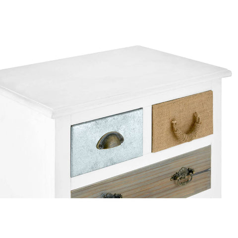Three-drawer unit featuring a white finish with a wooden top. The unit includes one clear glass drawer, one light brown drawer, and one dark brown drawer, each with decorative handles. The design incorporates a shelf beneath the drawers, providing additional storage space