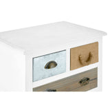 Three-drawer unit featuring a white finish with a wooden top. The unit includes one clear glass drawer, one light brown drawer, and one dark brown drawer, each with decorative handles. The design incorporates a shelf beneath the drawers, providing additional storage space