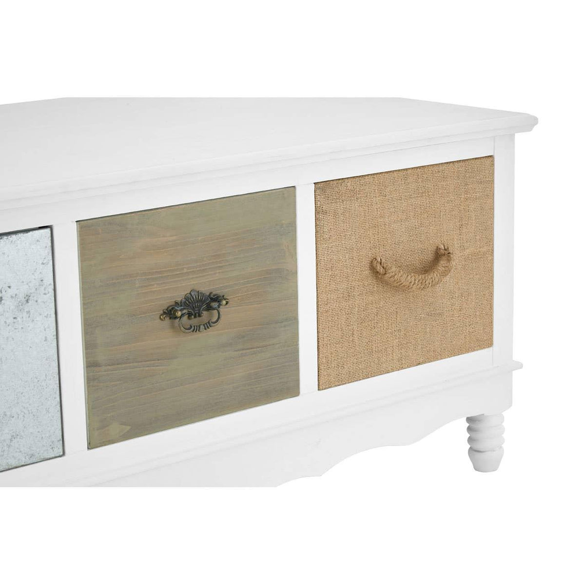 White wooden sideboard with mixed material drawers, including rope, wood, and metal handles