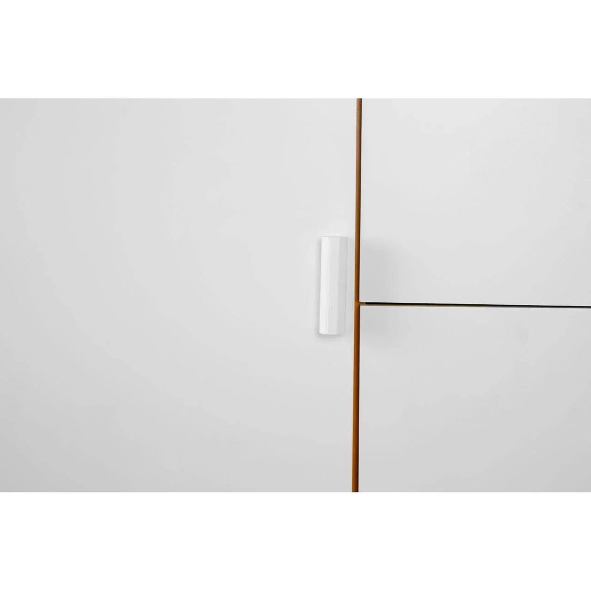 White cabinet door with vertical handle and wooden trim detail